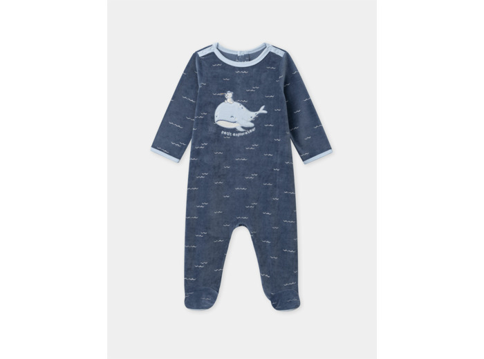 Grenouillère bleu en velours à broderie baleine oiseau Bébé Garçon