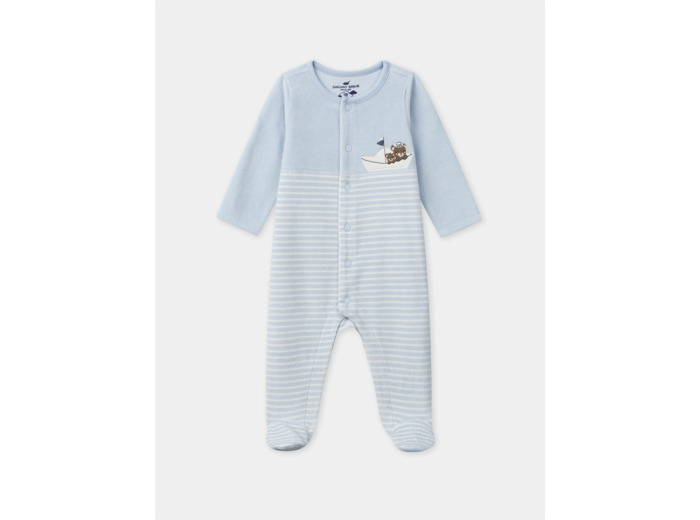 Grenouillère bleu clair uni et à rayures avec patch bateau et ours Bébé Garçon