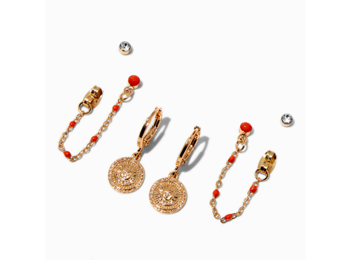 Boucles d’oreilles superposables à chaîne orange pièce soleil rayonnant couleur dorée - Lot de 3