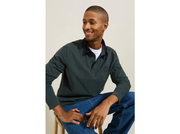 Polo manches longues piqué col velours - Vert