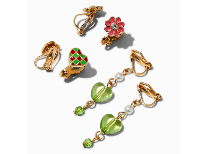 Boucles d'oreilles à clip cœur à carreaux roses - Lot de 3