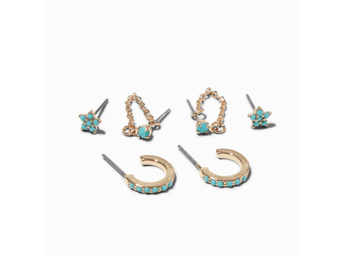 Boucles d’oreilles superposables étoiles couleur turquoise et couleur dorée - Lot de 3