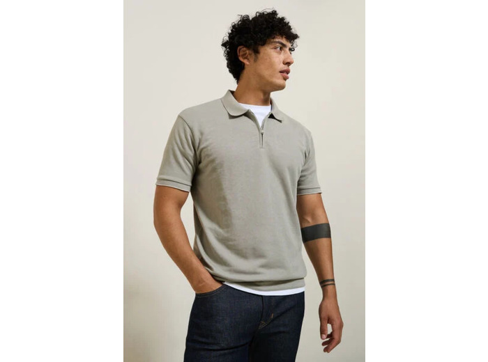 Polo manches courtes texturé col zippé - Vert kaki
