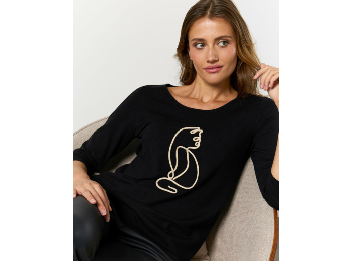 Pull fin uni décoré NOIR Femme