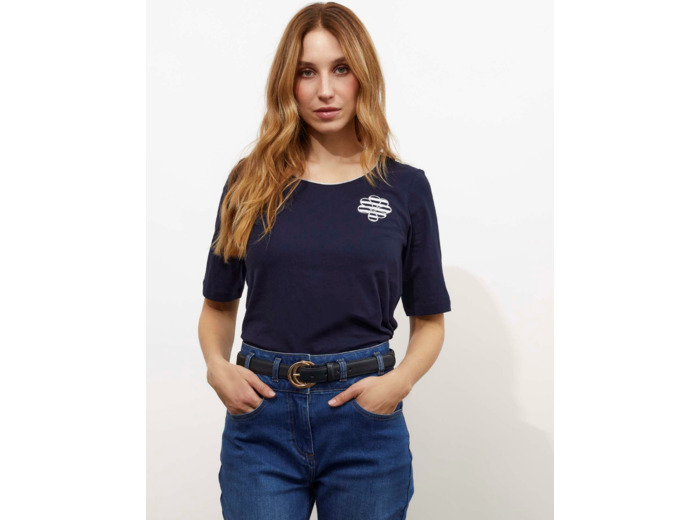 T-Shirt manches coude uni décoré MARINE Femme