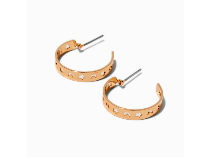 Demi-créoles découpées lune et étoiles couleur dorée