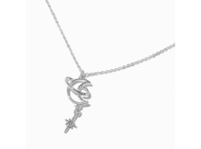 Collier à pendentif lune saturne couleur argentée