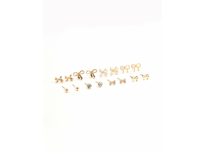 Gold Diamante Mixed Bow Earrings 8-Pack