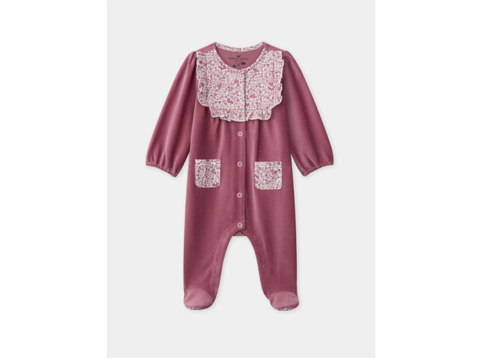 Grenouillère rose en velours à buste volant et imprimé fleuri Bébé Fille