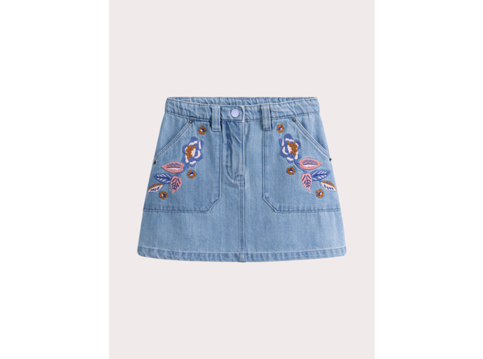 Jupe en denim bleu avec broderies fleuries pour fille