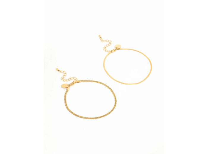 Waterproof Gold Plated Stainless Steel Mixed Snake Chain Anklets 2-Pack