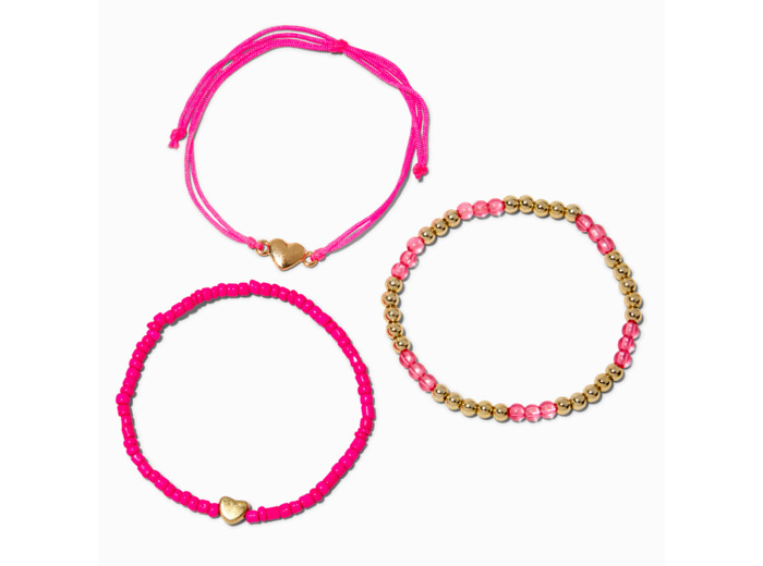 Bracelets en perles de rocaille rose vif cœur - Lot de 3
