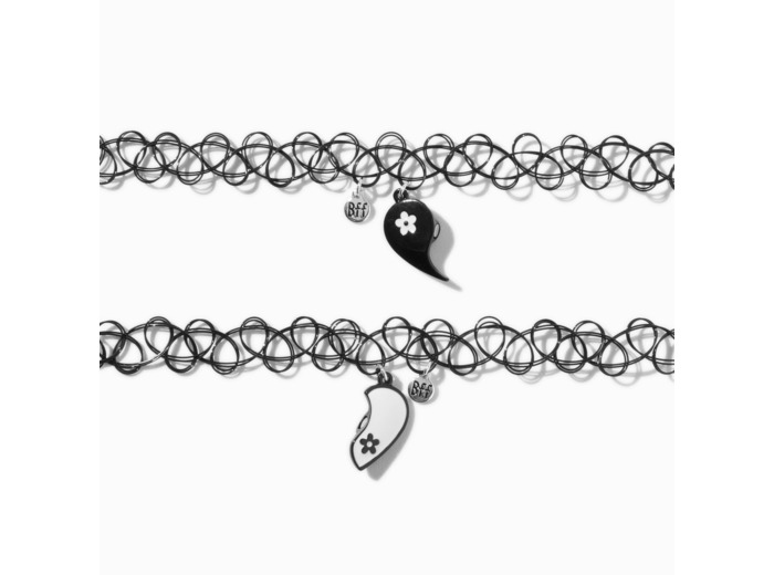 Ras-de-cou best friends effet tatouage phosphorescents avec cœur fendu noir et blanc - Lot de 2