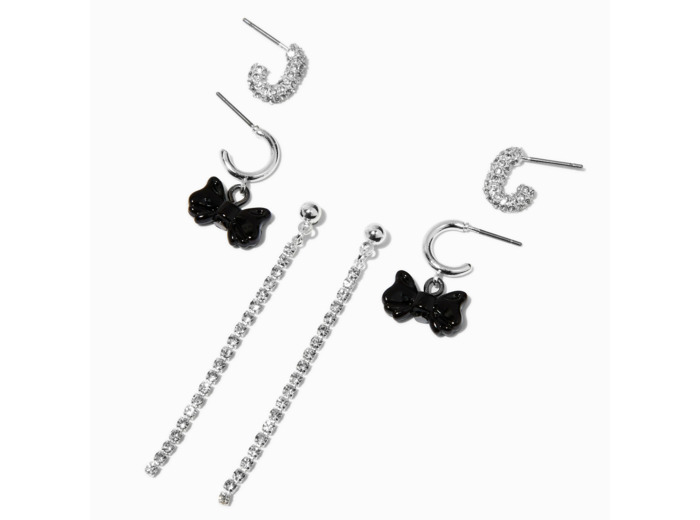 Boucles d'oreilles superposables chaîne de strass nœud noir couleur argentée - Lot de 3