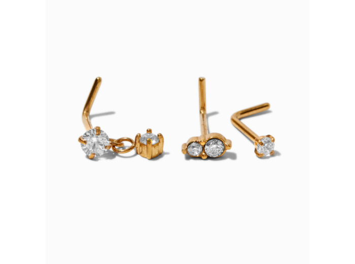 Clous de nez 0,8 mm pendants en zircon cubique et acier inoxydable couleur dorée - Lot de 3