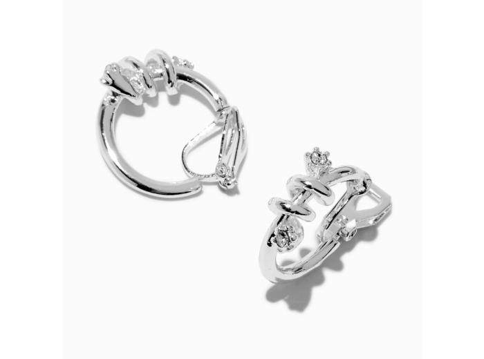 Créoles à clip 20 mm en strass torsadées couleur argentée