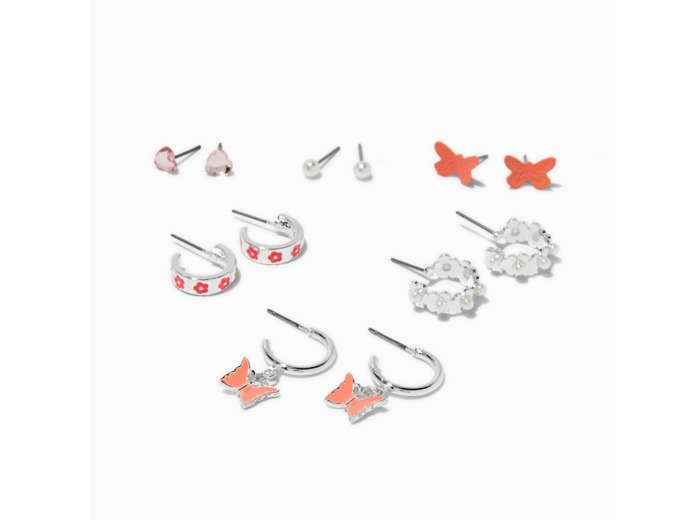 Boucles d'oreilles papillons et fleurs roses - Lot de 6