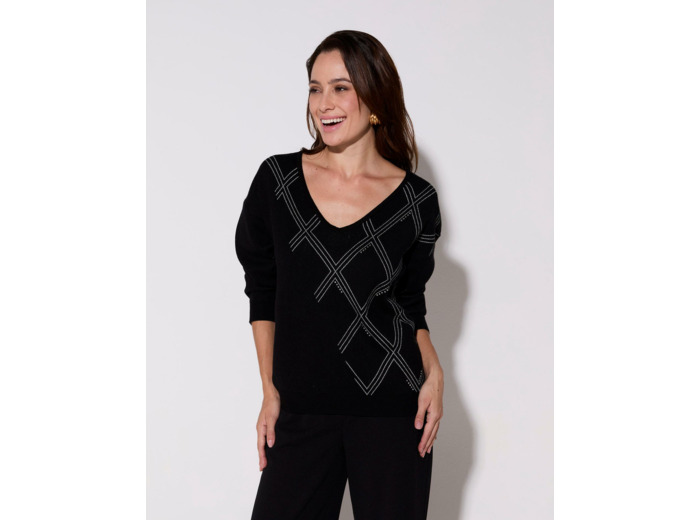 Pull épais uni décoré NOIR Femme