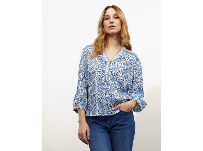 Blouse manches 3/4 imprimé à fleurs BLEU Femme