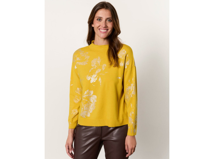 Pull fin imprimé à fleurs JAUNE Femme