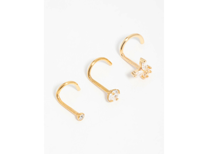 Gold Plated Surgical Steel Cubic Zirconia Butterfly Nose Piercings 3-Pack