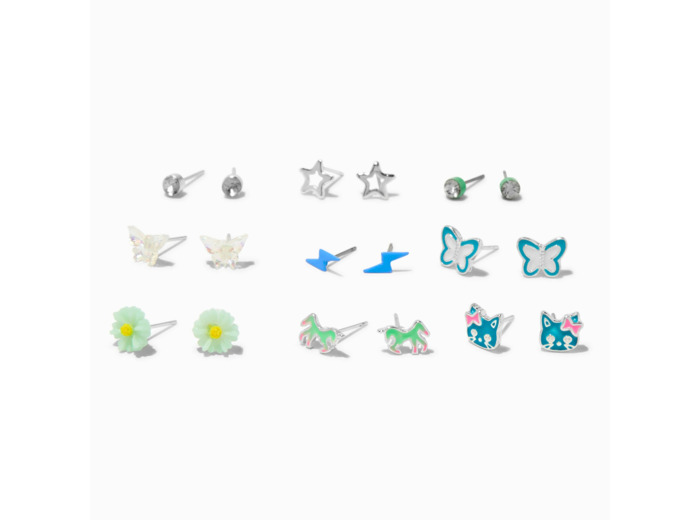 Clous d'oreilles motif printanier bleus - Lot de 9