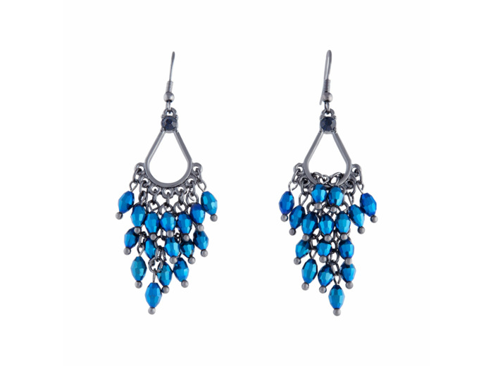 Gunmetal Midnight Blue Glass Bead Chandelier Earrings