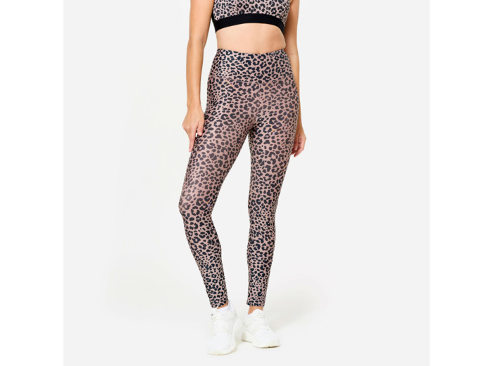 Legging de fitness taille haute femme, imprimé léopard beige taupe