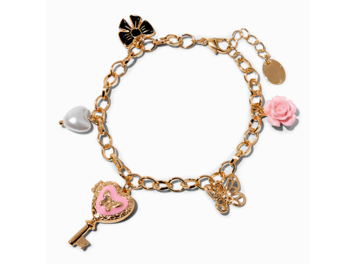 Bracelet à breloques médaillon clé cœur papillon couleur dorée