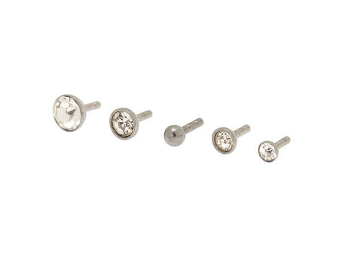 Clous arrière plat pour piercing labret avec strass et différents tops 1,2 mm couleur argentée - Lot de 5