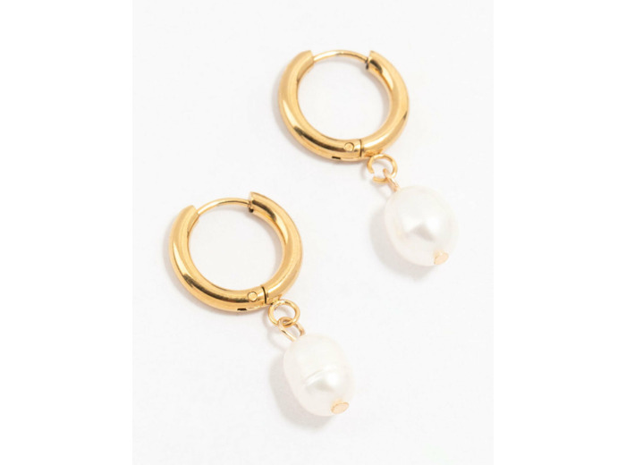 Waterproof Gold Plated Stainless Steel Freshwater Pearl Drop Huggie Earrings