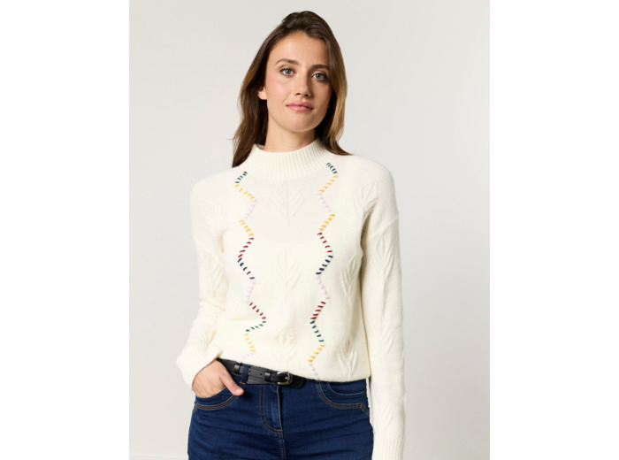 Pull épais uni décoré BLANC Femme