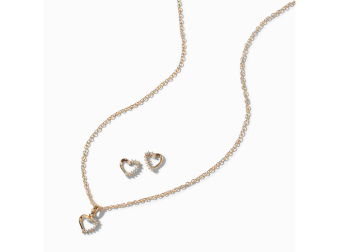 Lot clous d'oreilles et collier à pendentif cœur en zircon cubique couleur dorée