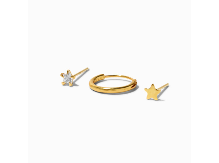 Clous et anneaux de nez étoile en strass 22 G en zircon cubique d’imitation couleur argentée et couleur dorée - Lot de 3