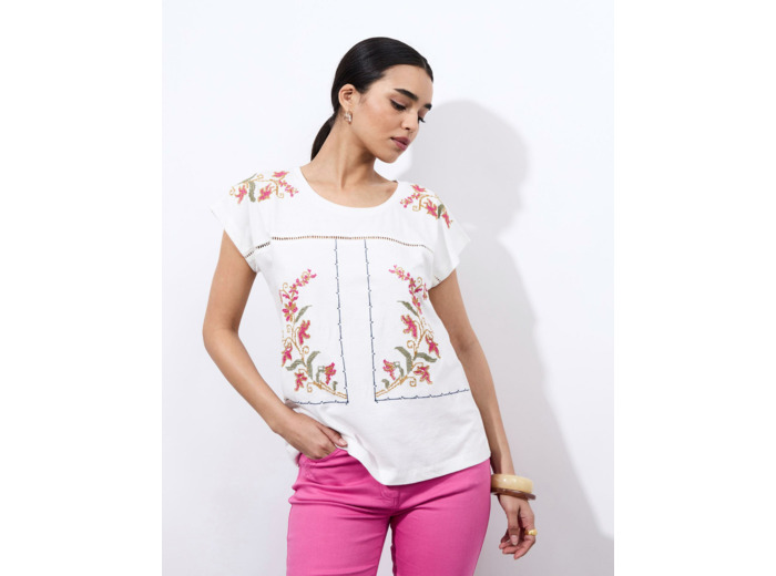 T-Shirt manches courtes 100% coton uni décoré ECRU Femme