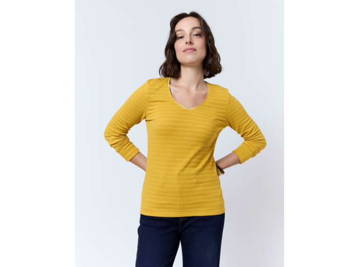 T-Shirt manches longues en mélange coton uni JAUNE Femme