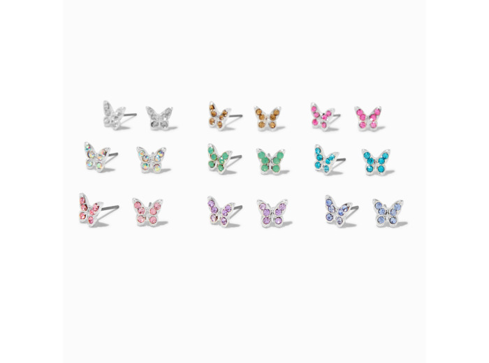 Clous d'oreilles papillon strass colorés - Lot de 9