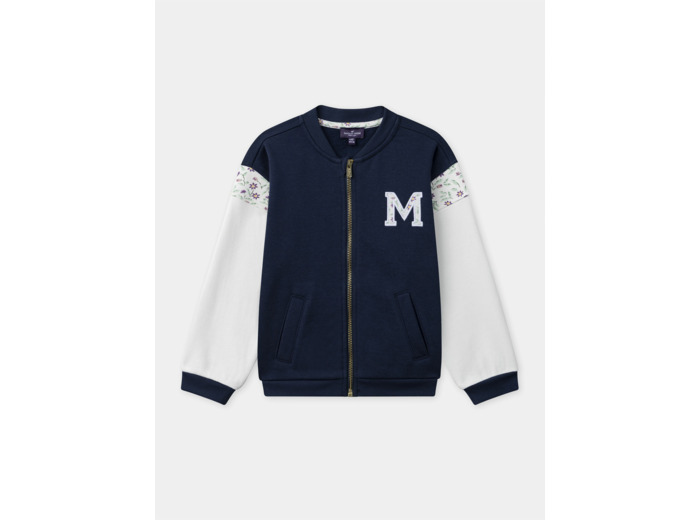 Sweat zippé bleu foncé et imprimé fleuri avec patch "M" à manches longues Fille