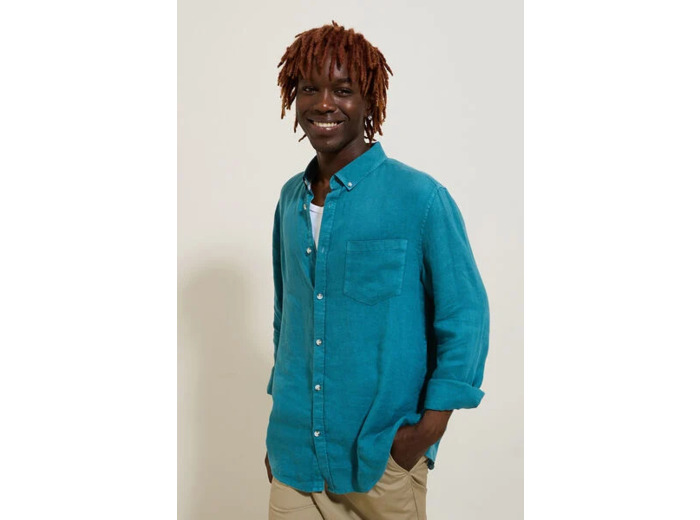 Chemise en lin regular col boutonné - Bleu turquoise
