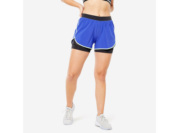 Short de fitness double couche femme, bleu électrique