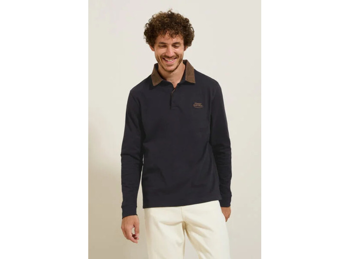 Polo manches longues piqué col velours - Bleu foncé