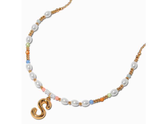 Collier à pendentif perlé pastel à initiale bulle couleur dorée - S