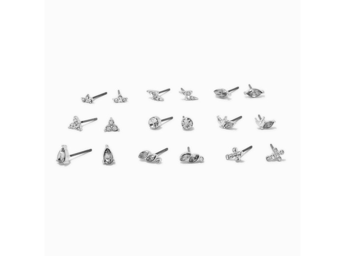 Clous d'oreilles variés croix en strass couleur argentée - Lot de 9