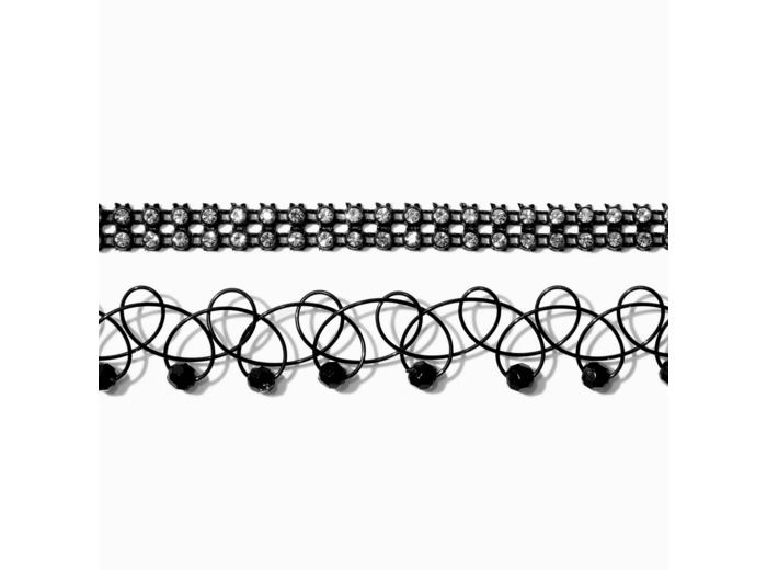 Ras-de-cou perlés effet tatouage noir et strass noirs - Lot de 2
