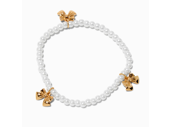 Bracelet élastique perlé perles d'imitation et nœud couleur dorée