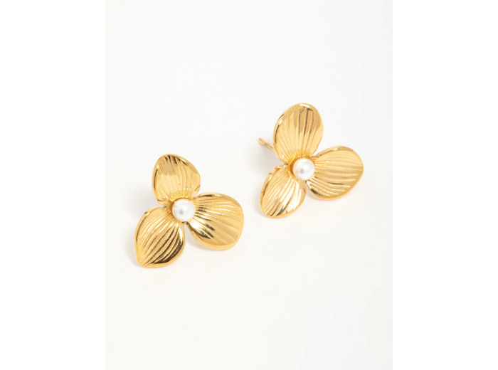 Waterproof Gold Plated Stainless Steel Pearl Flower Stud Earrings