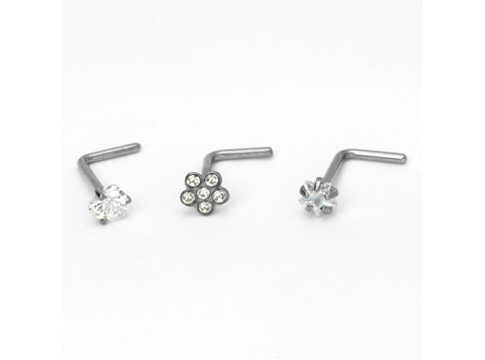 Piercings de nez fleur, cœur et étoile 0,8 cm couleur titanée et couleur argentée - Lot de 3