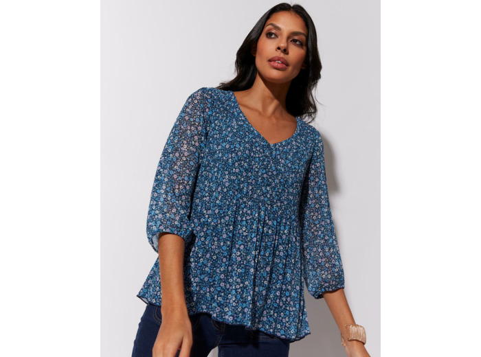 Blouse manches 3/4 imprimé à fleurs BLEU Femme