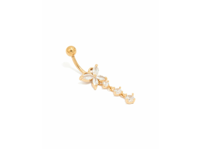 Gold Plated Titanium Cubic Zirconia Butterfly Drop Belly Bar