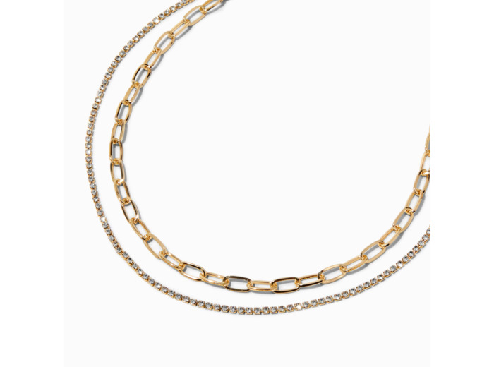 Collier multi-rangs avec strass et chaîne à maillons trombone couleur dorée